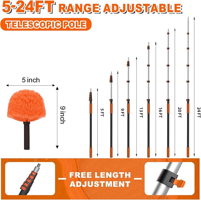 30FT Reach Cobweb Duster with Extension Pole High Ceiling Long Duster with 5-24FT Telescoping Pole Spider Web Brush for Indoor Outdoor Use