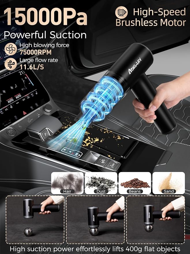 aokway Car Vacuum Portable Cordless 15000PA Powerful Suction 7500mAh 4-in-1 High Power Mini Vacuum Cleaner for Car Home PC Keyboard Desk Cleaning Small Handheld Rechargeable (Black)