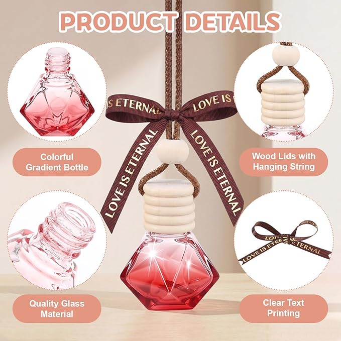 Mudder 50 Pcs Gradient Hanging Car Air Freshener Empty Clear Glass Diffuser Bottles for Essential Oils Perfume Pendant for Women Guests Wedding Favors Employee Appreciation Gifts(RhombusColorful)