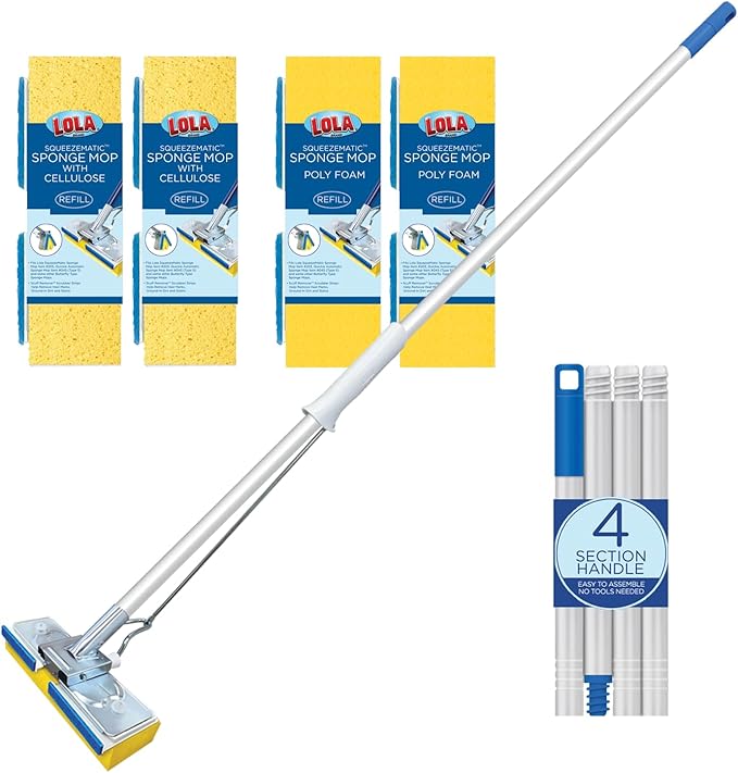 LOLA Squeezematic Butterfly Automatic Sponge Mop 4 Mop Heads - 2 Foam w/ Cellulose Layer &amp 2 All Foam 9 Head w/ Scuff Remover