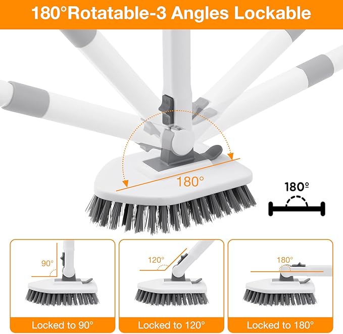 4 in 1 Shower Scrubber Cleaning Brush Tub and Tile Scrubber with Long Handle Grout Brush Stiff Bristles Scrub Sponge Brushes Microfiber Pad for Toilet Bathroom Kitchen Wall Floor Glass Bathtub Sink