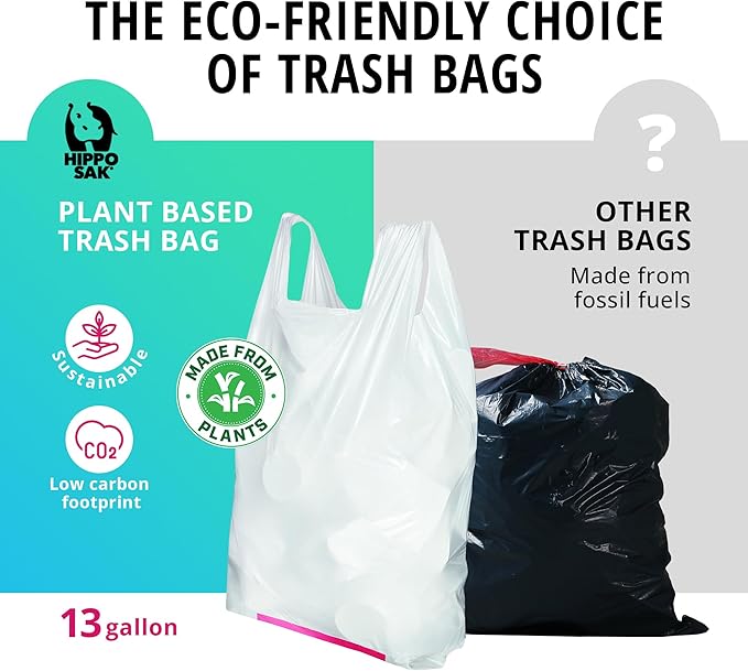 Hippo Sak - Plant Based Tall Kitchen Garbage Bags with Ergonomic Handles - 13 Gallon Trash Bags - Recyclable &amp Eco Friendly - Super Strong and Leak Proof Tall Kitchen Trash Bags (90 Count)