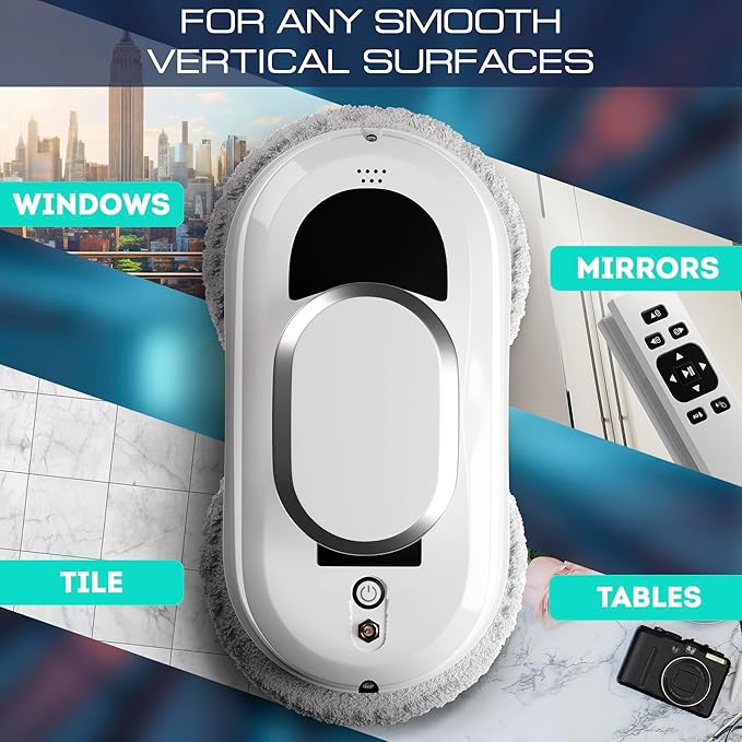 White Automatic Window Cleaner Robot W100 11.8 x 5.9 x 4.7 Inch with 3 Modes and 10 Cloth Pads. Window Vacuum Cleaner for Windows Without Water Spray. Automatic Glass Cleaner Vacuum 72dB