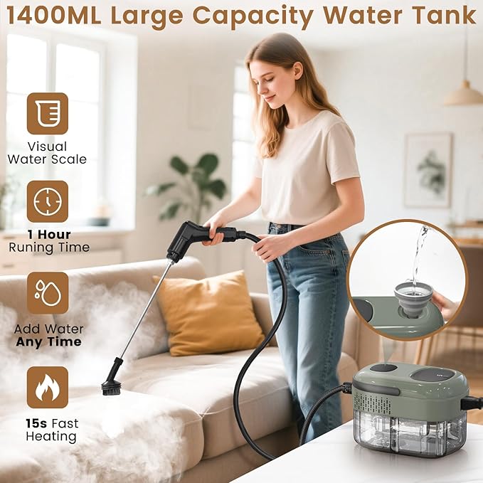 2500W Handheld Steam Cleaner 3-Level Adjustable Steam Cleaner for Home with 21 Accessories Multipurpose Portable Steamer Cleaning for CarFloorFurnitureTileGroutCouchFast Heat-Up (Green)