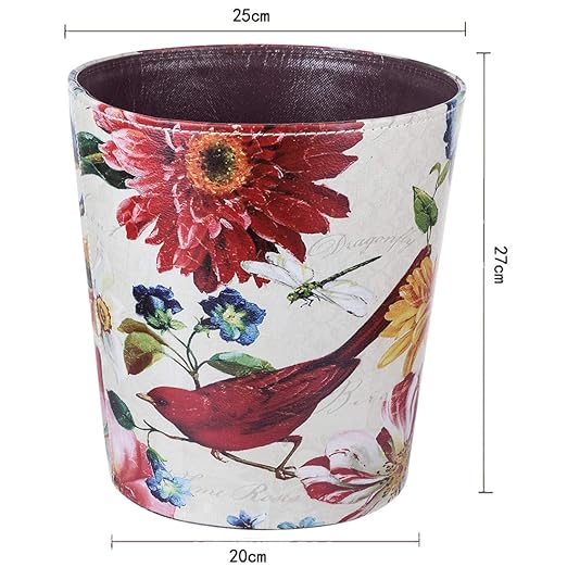 Leather Trash Can Retro Decorative Waste Basket 10L Capacity Small Waste Paper Basket Waterproof Garbage Can for Bathroom Bedroom Office Kitchen and Living Room - Red Bird