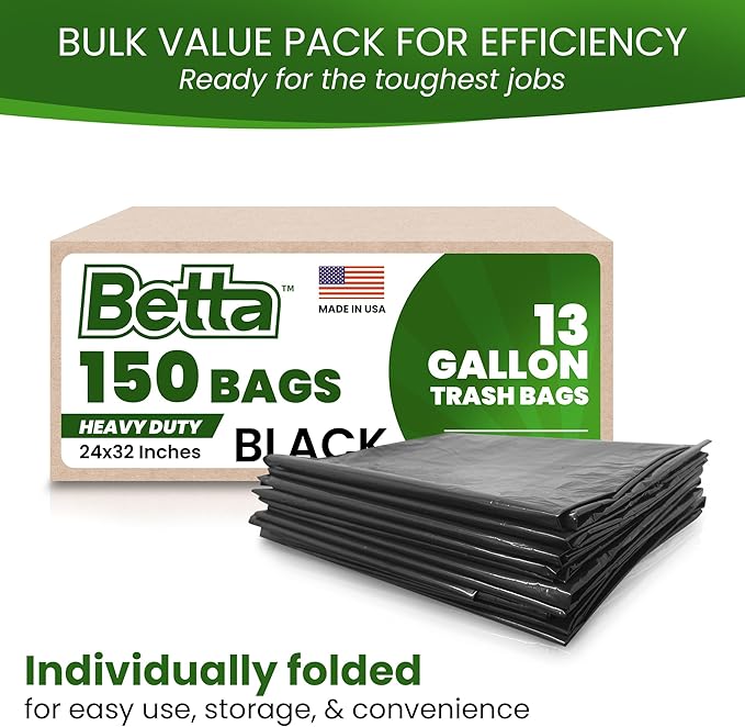Betta 13 Gallon Black Trash Bags 150 Count Box (24x32-inch) Commercial Heavy-Duty Garbage Can Liners for 10-13 Gallon Round Cans 8-12 Gallon Slim and Square Cans