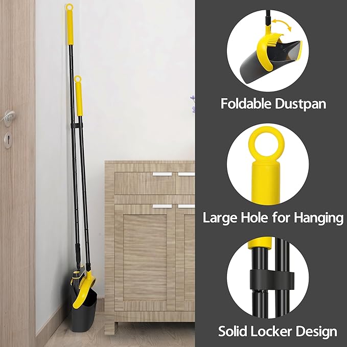 JEHONN Broom and Dust Pan 54.3 inches Long Handle Swivel Brush Upright Foldable Dustpan with Comb Teeth for Home Kitchen Lobby Indoor Floor Cleaning (Black &amp Yellow)