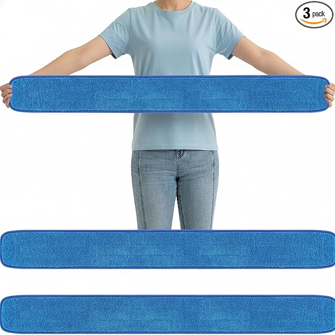 3 Pcs Large 48 Inch Commercial Replacement Microfiber Pads Reusable Wrestling Wet Mop Refill Pads for Flat Mop Frames Wet and Dry Use (Blue)