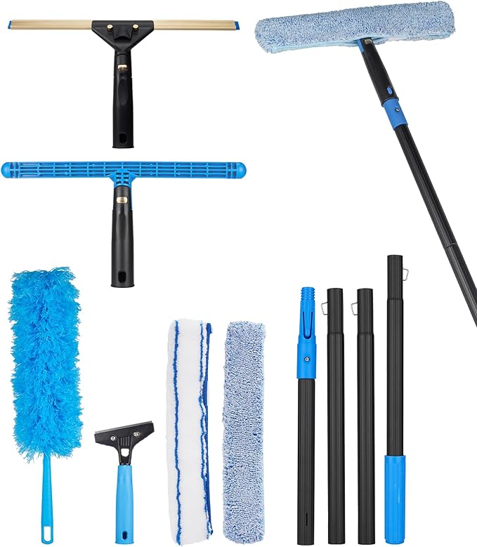 Swivel Squeegee Kit with 4 Extension PolesGlass Scraper Bendable Duster 2 Window Scrubber Cloth for Glass Car Floor HomeGarden