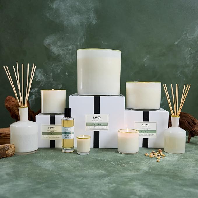 LAFCO New York Signature Reed Diffuser Feu de Bois - 15 oz - Up to 9 Months Fragrance Life - Reusable Hand Blown Glass Vessel - Natural Wood Reeds - Made in The USA