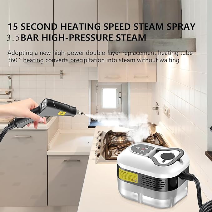 Handheld Steam Cleaner 1500W High Pressure Steamer for Cleaning with 3 Brush Heads and 1.2L Tank 6-Speed Adjustable 15 Seconds Fast Heating for Cleaning Kitchens