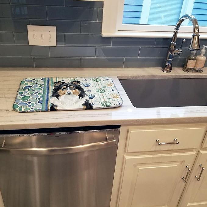 Caroline's Treasures Tricolor Sheltie Coastal Sea Glass Dish Drying Mat Absorbent Dish Drying Mat Pad for Kitchen Counter Dish Drainer Mat for Countertop 14 x 21 Multicolor