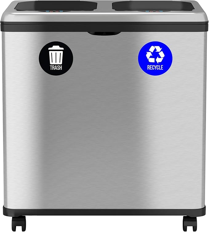 iTouchless 16 Gallon Stainless Steel Combo Trash and Recycle Bin with Decals Dual Compartment (8 Gal each) 60 Liter Kitchen Garbage Waste Can Touchless Includes Stickers to Label Bins