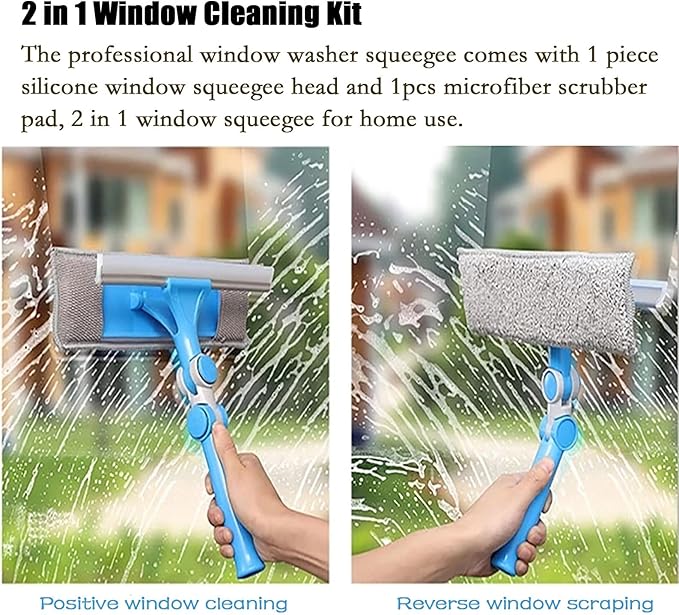 Rotatable Stainless Steel Window Cleaning Rods Glass Washing Kit with Bendable Head &amp Threaded Extension Pole Outdoor Windows Scrubber for Caravans/Auto Glasses/Solar Panel