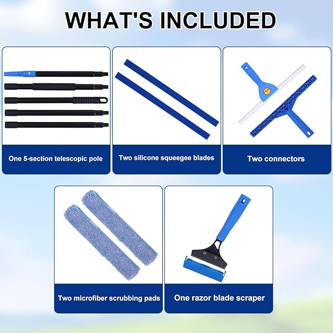 3-in-1 Professional Window Squeegee Kit with 2 Squeegee 2 Microfiber Scrubber 1 Razor Scraper Thick Iron 77.5 Window Squeegee with Extension Pole for Car Glass Mirror Wall Bathroom Home Van