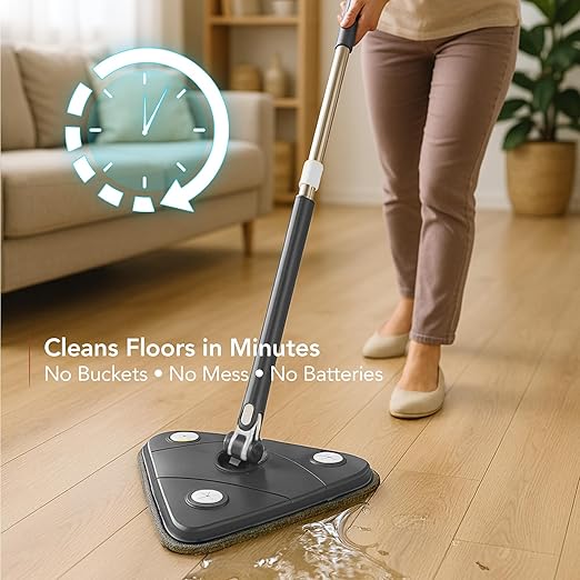 OVENTE Wall Cleaner Mop with 50 Adjustable Handle Squeegee Reusable and Easy to Clean Microfiber Pad 360° Triangular Cleaning Tool Duster for Painted Walls/Baseboard/Window/Floor Grey CTM311GY