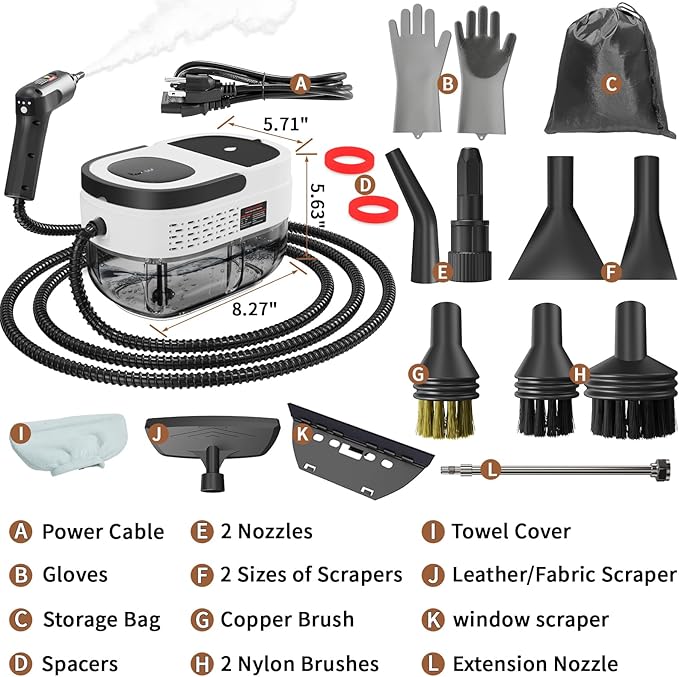Handheld Steam Cleaner for Home 2500W High Temperature Pressurized Machine 1.6L Water Tank Handle-controlled Steam Output Portable Cleaning Steamer for Car Bed Bugs Furniture Grout (White)