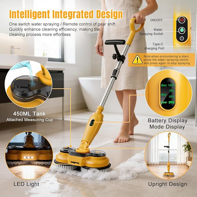 Cordless Electric Mop for Dewalt 20V Battery (NO Battery) 2 in 1 Spin Mop &amp Electric Floor Scrubber Machine with LED Light &amp Water Spray 800 RPM Rotating Electric Mops for Floor Cleaning (Ye