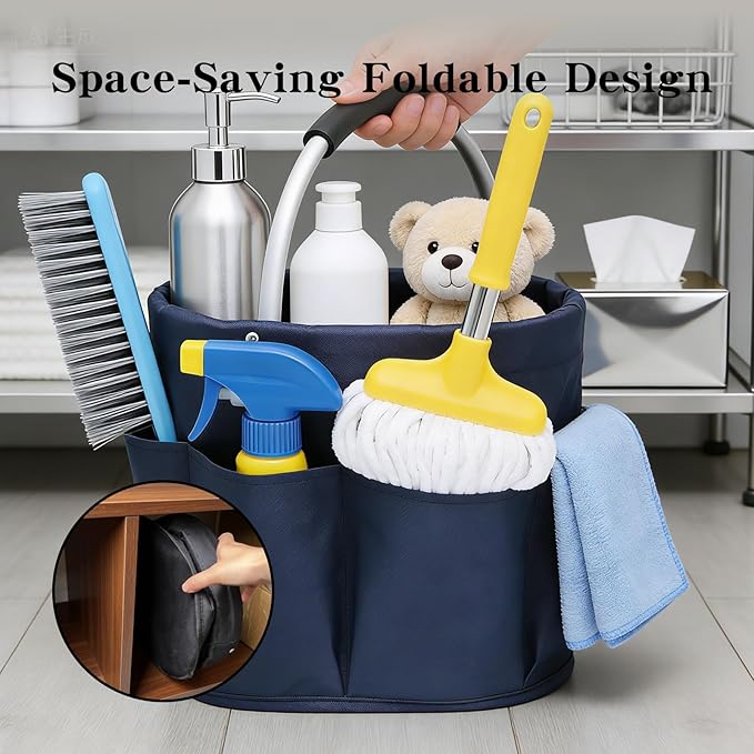 Tool Bucket Organizer 2-Pack 17L Foldable Cleaner Caddy with 6 PocketsHandle for Garden、Family and Bathroom Can Also be Used as a Beach Basket or Shopping BasketBlack+Navy Blue