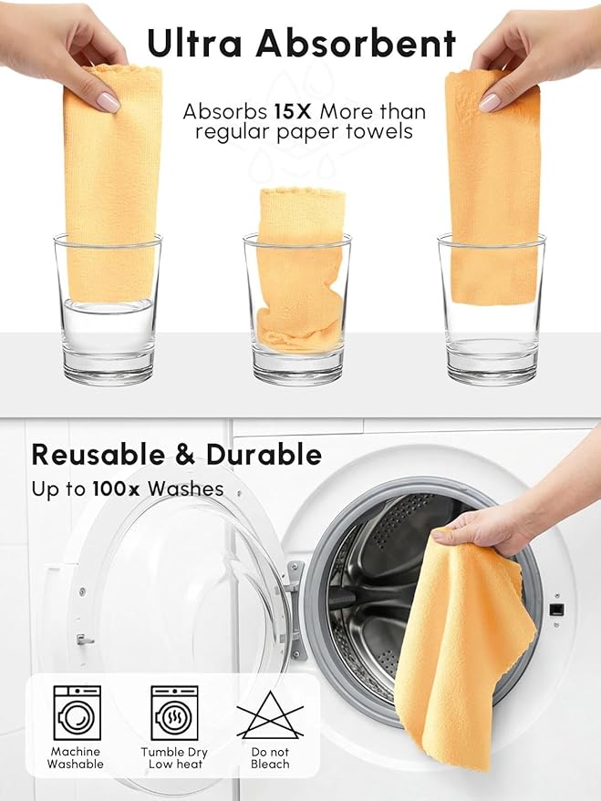 Microfiber Cleaning Cloths Roll 75 Pack Tear Away Microfiber Towels Roll 12 x 12 Lint Free Rags Reusable Cleaning Cloths Washable Scratch FreeUltra Absorbent Dish Rags(Orange)
