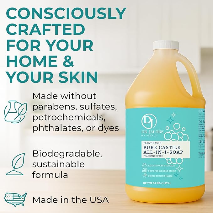 Dr. Jacobs Naturals Pure Castile Soap 64 oz Value Size - Unscented - Made in USA - All-in-One Plant-Based Multipurpose Cleaner for Floors Counters Dishes &amp Laundry Gentle on Skin Biodegradabl