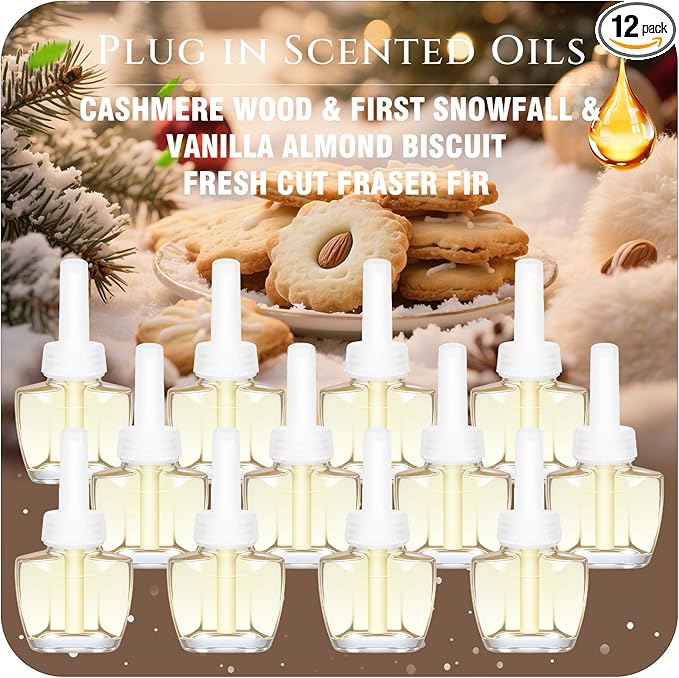 Plug In Refills Vanilla Almond Biscuit Cashmere Wood Fresh Cut Fraser Fir First Snowfall for Home and Bathroom 7.92 Fl Oz 12 Count Compatible with Air Wick &amp Glade Not Include Glade Plus