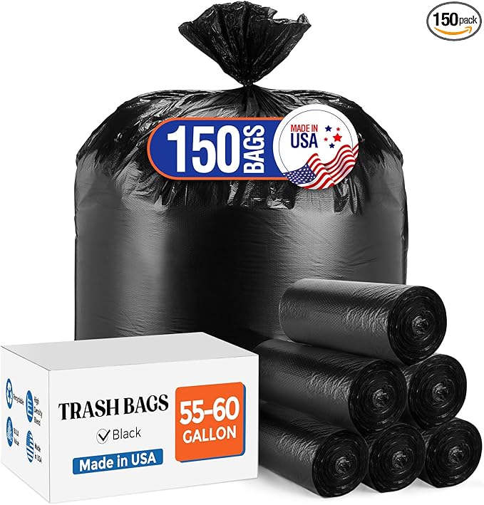 Delxo 55-60 Gallon Black Trash Bags 150 Count – Medium Duty Contractor Garbage Bags Thick Durable &amp Puncture-Resistant Plastic – Made in USA for Kitchen Yard Office &amp Party