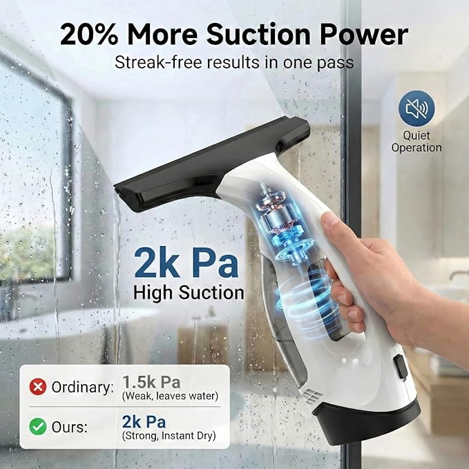Electric Window Vacuum Squeegee 2200mAh &amp 2000Pa Cordless Window Cleaner Tool with 150ml Water Collection Tank Window Cleaning Kit for Shower Glass Car Door Mirror Home