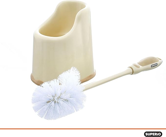 Superio Toilet Bowl Brush and Holder with Under Rim Cleaner for Bathroom Toilet Brush and Caddy with Non Scratch Bristles and Under Rim Lip Brush Beige (2 Pack)