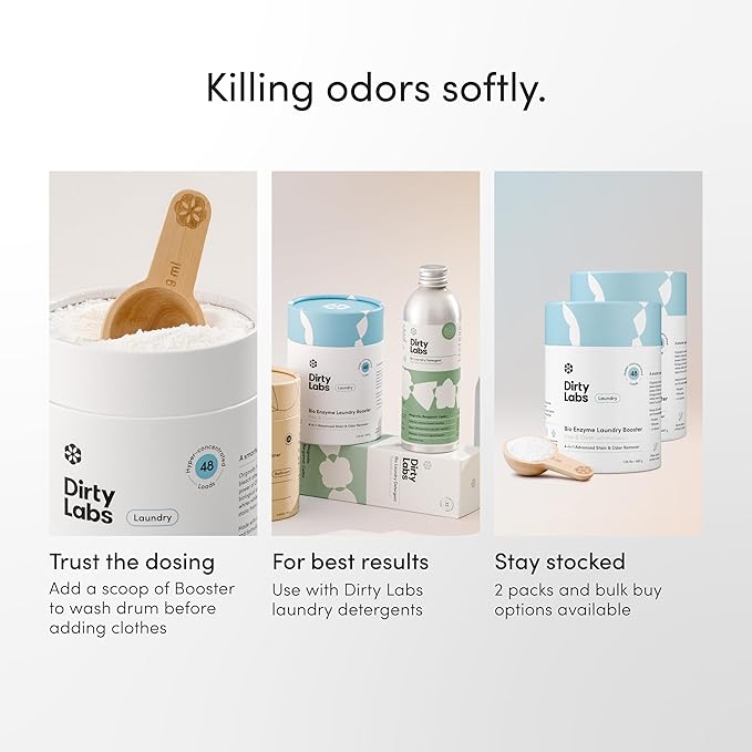 Dirty Labs | Scent Free | Bio Enzyme Laundry Booster | 2-Pack = 96 Loads | Hyper Concentrated | High Efficiency &amp Standard Machine Washer | Nontoxic Biodegradable | Stain &amp Odor Removal Boost
