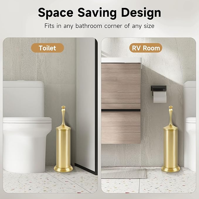 Brushed Gold Toilet Brush and HolderExtra Long Handled Toilet Brush for BathroomStainless Steel Heavy Duty Toilet Bowl BrushDeep Cleaning Modern Toilet Cleaner Brush -Space Saving Covered Brush