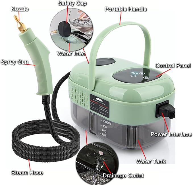 Steam Cleaner 2500W High Pressure Handheld Steamer 6-gears adjustable Portable Steam Cleaning Machine with 6 Brushes Cleaning for Home Use Kitchen BathroomHard SurfaceCar Detailing (Green)
