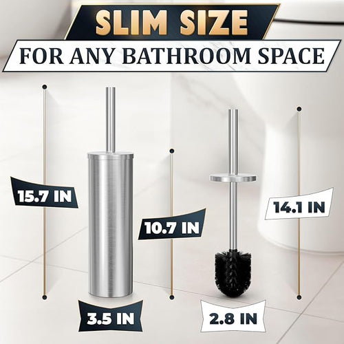 2 Pcs Stylish Stainless Steel Toilet Brush and Holder Set - Silver Toilet Bowl Brush and Holder with Splash Cover Sturdy Bristles Corrosion &amp Scratch Resistant - Elegant Design Effective Cleani