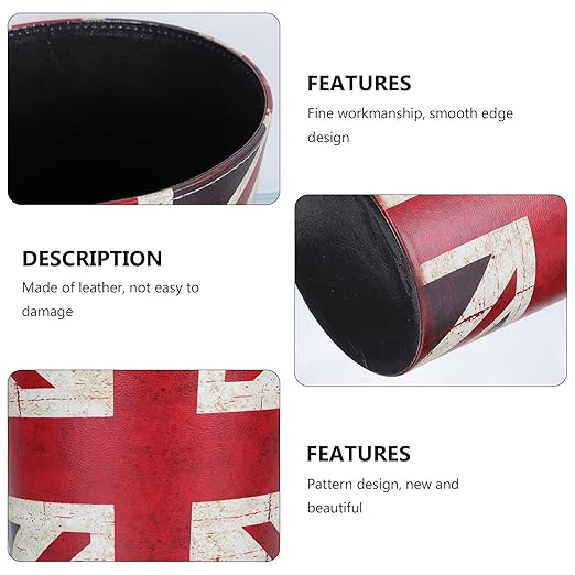 VALICLUD European Style Leather Wastebasket with Union Jack Pattern Large Household Trash Can Open Top Decorative Garbage Bin for Office and Home Storage