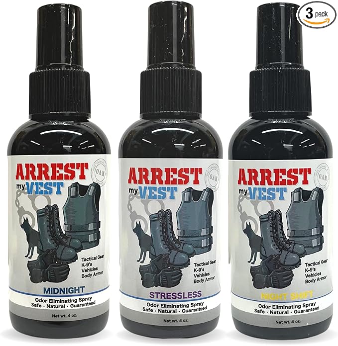 Arrest My Vest Military and Police Grade Odor Eliminating Spray for Body Armor Odor Tactical Gear. Safe on K9's. Triple Pack of Assorted Fragrances 1 Midnight 1 Stressless and 1 Night Shift Bottles