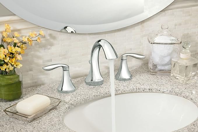 Moen Eva Chrome Transitional Two-Handle High-Arc Widespread Bathroom Faucet with Drain Assembly Valve Required T6420