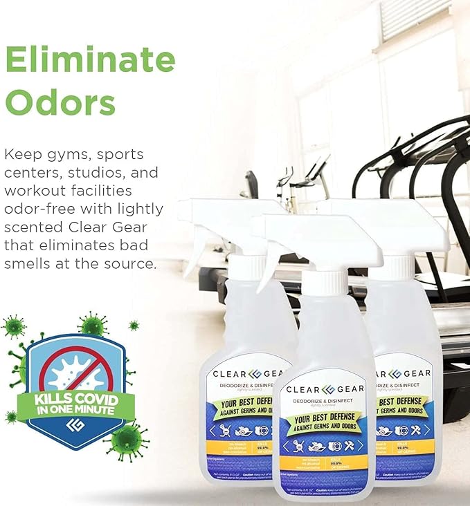 Clear Gear Disinfectant Cleaner and Deodorizer For Sports Equipment Gyms and Fitness Centers - EPA-Registered Hospital Grade Made in USA - 1-Pack of 32 Oz Bottle Disinfecting Spray