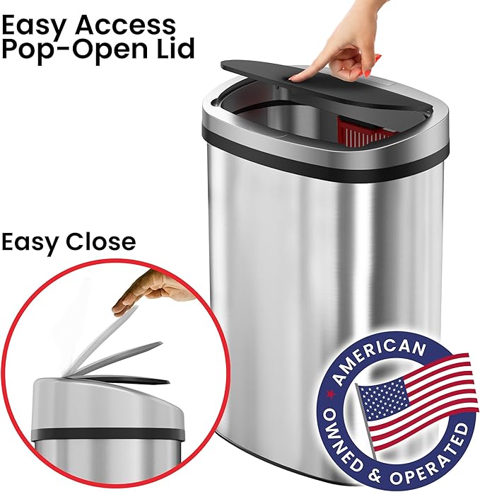 iTouchless Push-Top Lid 13 Gallon Trash Can with Odor Control System – Stainless Steel Garbage Bin Press-Top Soft-Close Spring Lid Fingerprint-Resistant for Kitchen Home Office Restroom Business