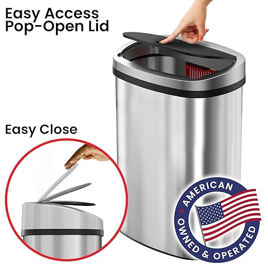iTouchless Push-Top Lid 13 Gallon Trash Can with Odor Control System – Stainless Steel Garbage Bin Press-Top Soft-Close Spring Lid Fingerprint-Resistant for Home Office Kitchen Restroom Business