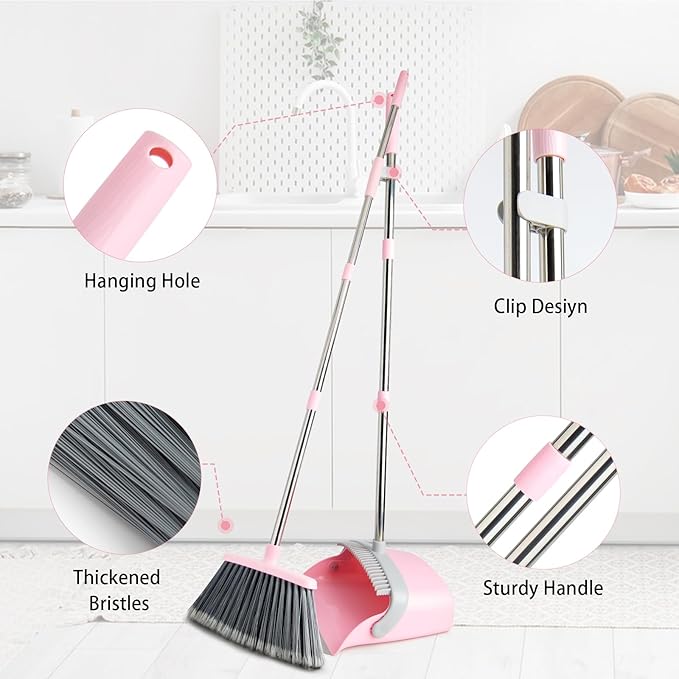 Broom and Dustpan Combo Set Long Handle and Standing Dust Pan with Comb Teeth Efficient Floor Cleaning for Kitchen Outdoor Dorm Apartment Office Lobby (Pink Gray)