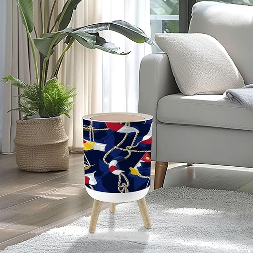 Small Trash Can with Lid Navy Flags Ropes Blue Seamless Nautical Style for 1.8 Gallon/7L Garbage Can Waste Bin with Press Top Lid Legs Waste Basket for Bathroom Kitchen Bedroom