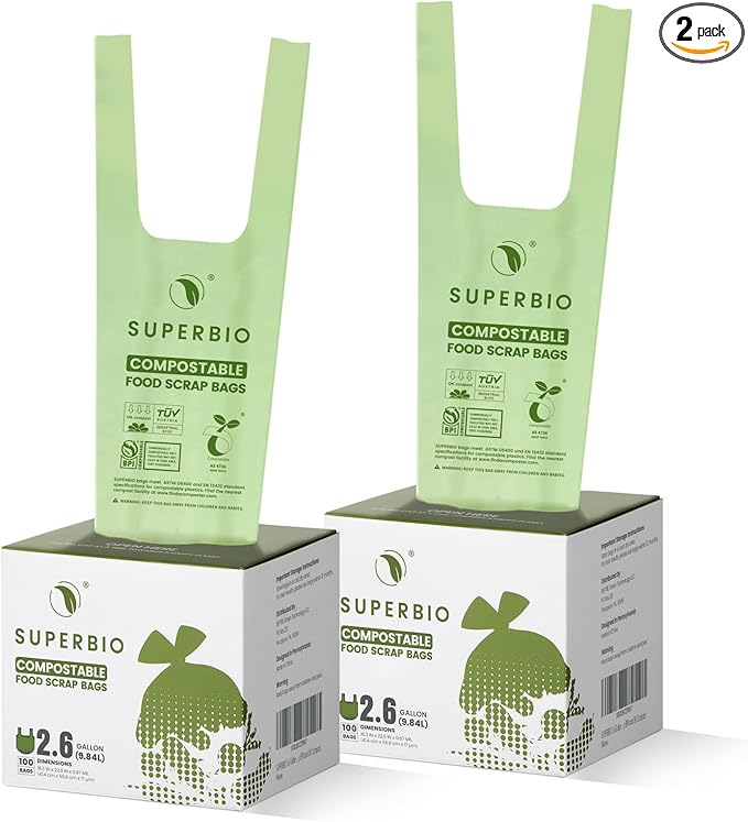 SUPERBIO 2.6 Gallon Compostable Bags 100 Count 2 Pack 9.84L Handle Tie Food Waste Bags BPI and OK compost INDUSTRIAL Certified