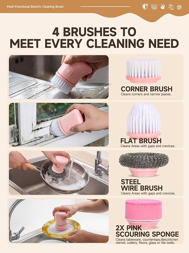 Electric Dish Washing Brush Small Handheld Power Scrubber Pink Cordless Cleaning Brushes kit Gift for Woman for Kitchen cleanup Dishes/Plates/Sink IP66 Waterproof Household Cleaning Supplies