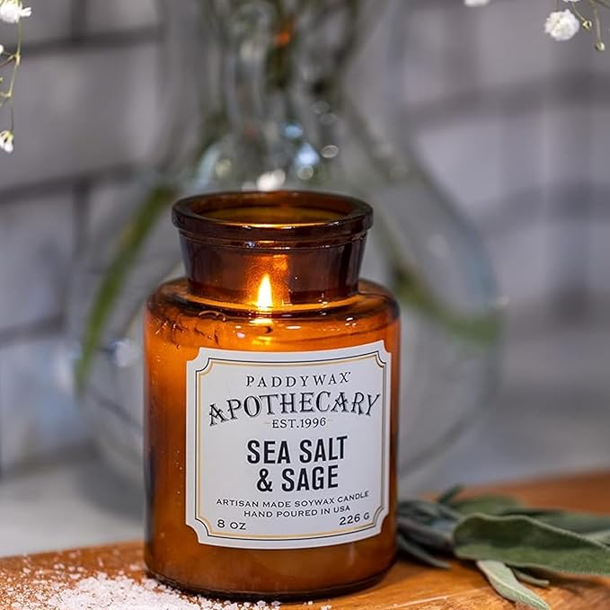 Paddywax Artisan Apothecary Scented Candle with Lid in Reusable Glass Jar Clean-Burn Soy Candle with Approx. 54 Hour Burn Time Sea Salt &amp Sage 8 oz.