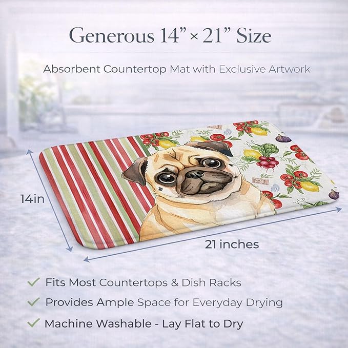 Caroline's Treasures Fawn Pug Vegetables Dish Drying Mat Absorbent Dish Drying Mat Pad for Kitchen Counter Dish Drainer Mat for Countertop 14 x 21 Multicolor