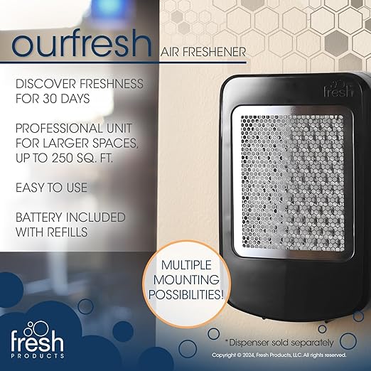 Fresh Products ourfresh 2 Air Freshener Replace Metered Aerosol with Dry Fragrance 30 Day Use Medium Sized Spaces Light Activated Battery Operated Batteries Included Coconut Vanilla 8 pk