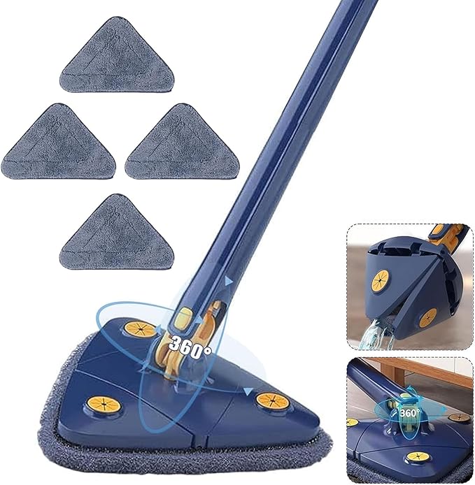 360° Rotatable Adjustable Cleaning Mop with 4 Replacement Pads-Extendable Triangle Shaped Microfiber Dust Mop with Long Handle for Wall CeilingHardwood Windows Floor Wall Tile Dust (Blue)
