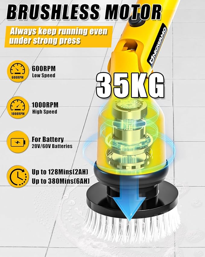 Electric Spin Scrubber Compatible for DeWalt 20V Battery(Battery NOT Included) 1000 RPM Battery Powered Scrubber with Adjustable Extension Arm &amp 8 Brushes &amp Hook Gloves for Tub/Tile/Floor
