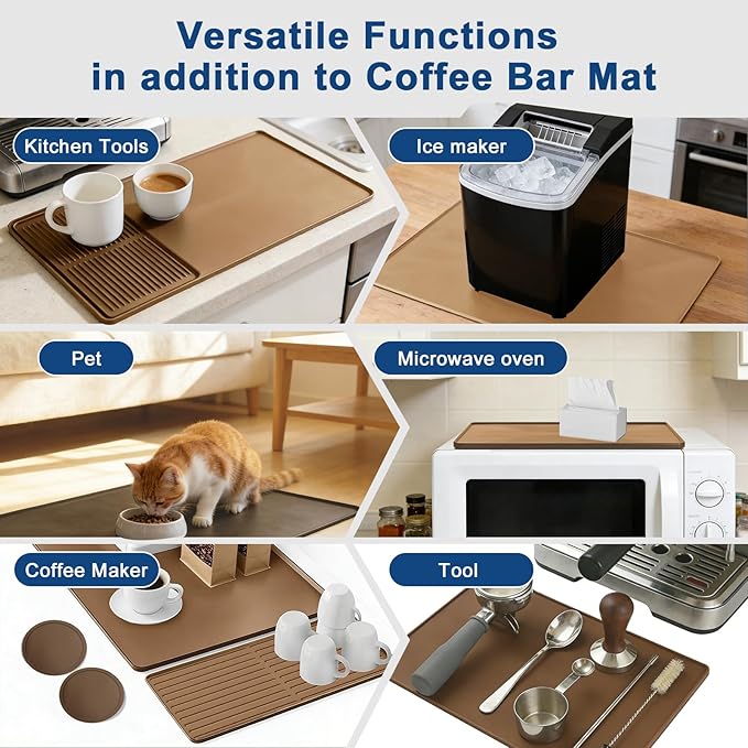 Mrcrypos Silicone Coffee Mat 16X24in - Non-Slip Espresso Countertop Mat Spill Proof Coffee Bar Mat for Kitchen Station with Detachable Dish Drying Mats Fit Cafes &amp Office Countertops Brown