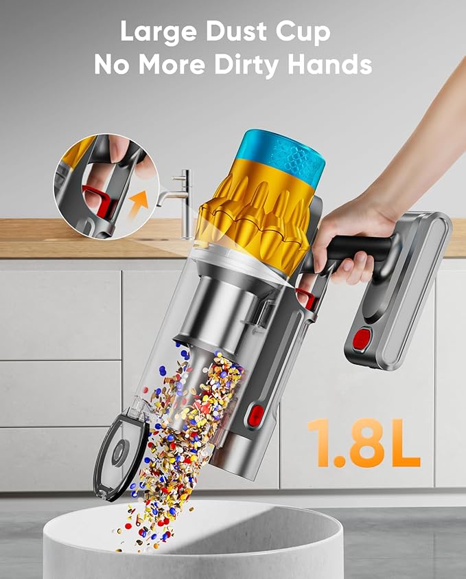 Cordless Vacuum Cleaner 650W/55KPA/70 Mins Vacuum Cleaners for Home with Self-Standing Anti-Tangle Brush Smart Display and 1.8L Cup Cordless Stick Vacuum Cleaner for Pet Hair/Carpets
